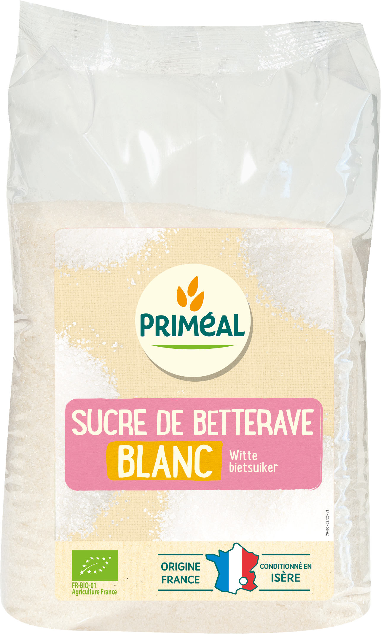 Primeal organic white beet sugar in a 1000g package, natural sweetener from Primeal, with white crystalline appearance