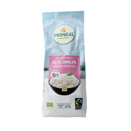 Primeal Himalaya organic rice in 400g package, showcasing long, fluffy grains suitable for healthy rice dishes.