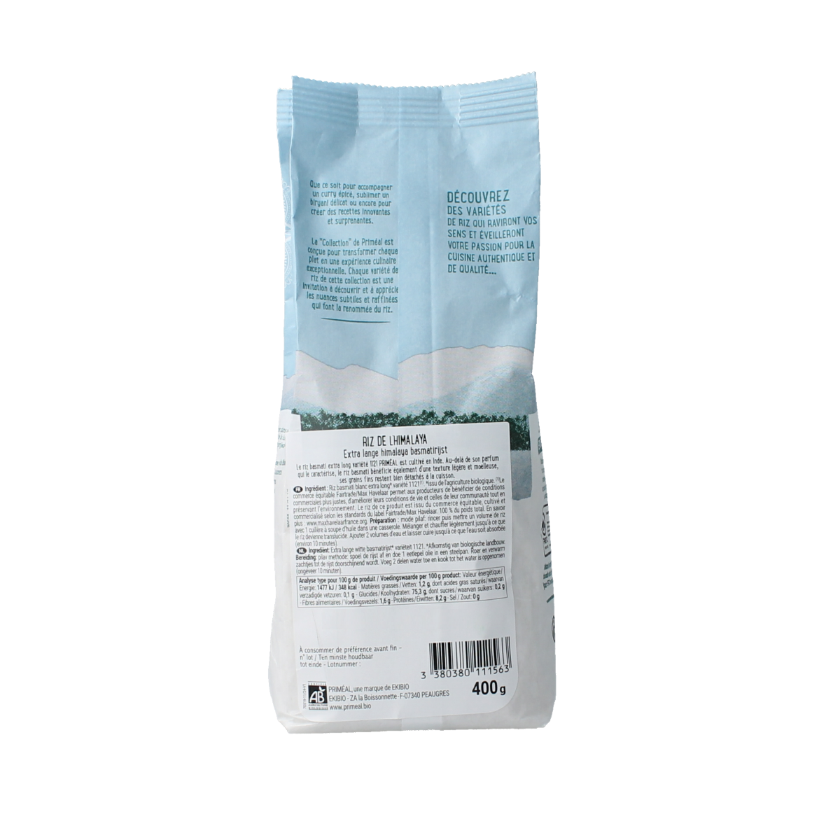 Primeal Himalaya organic rice in a 400g package, showing the rice grains and packaging label.
