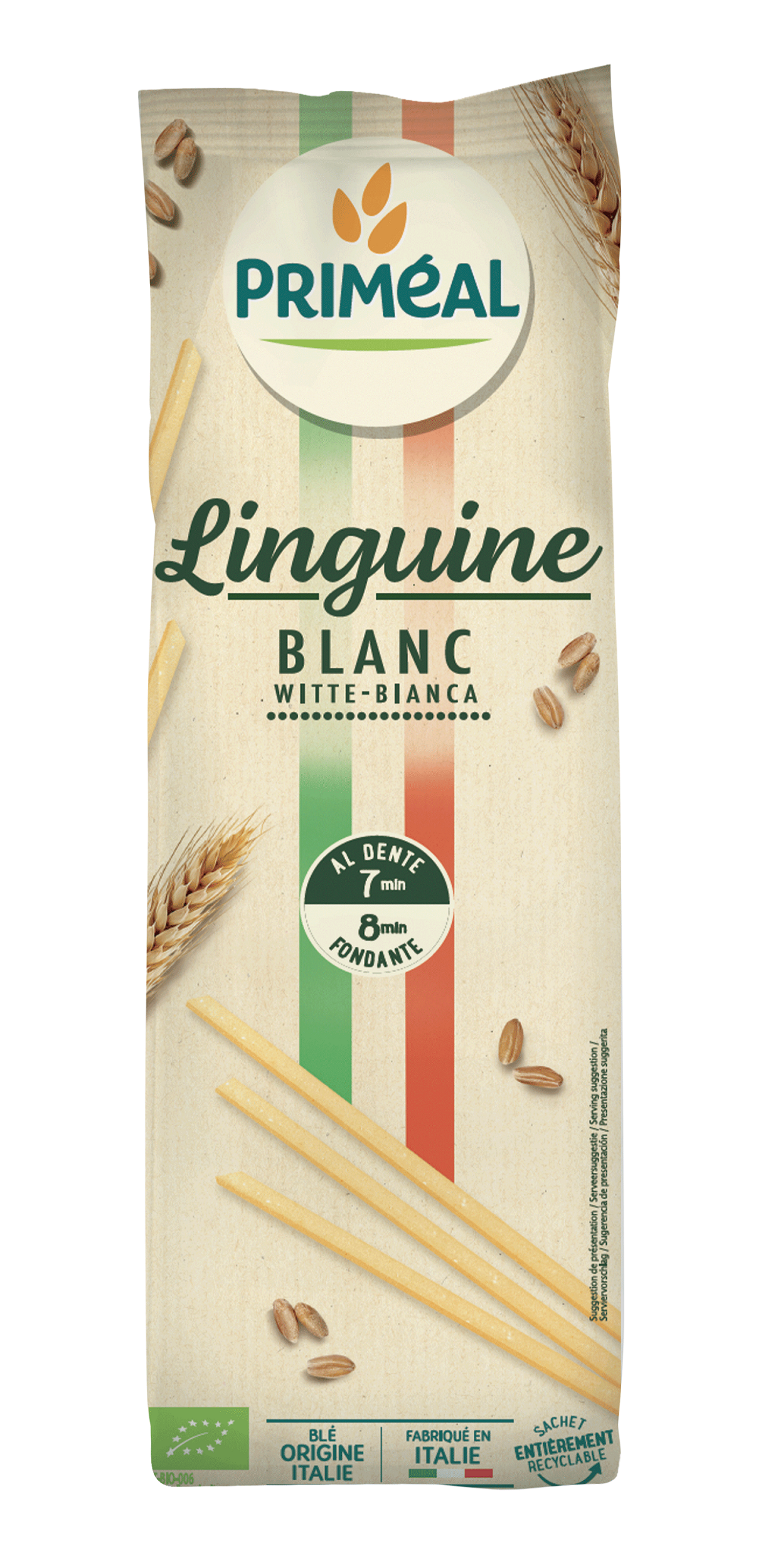 Primeal organic linguine rice pasta in 500g package, showcasing long, thin pasta strands on a neutral background.