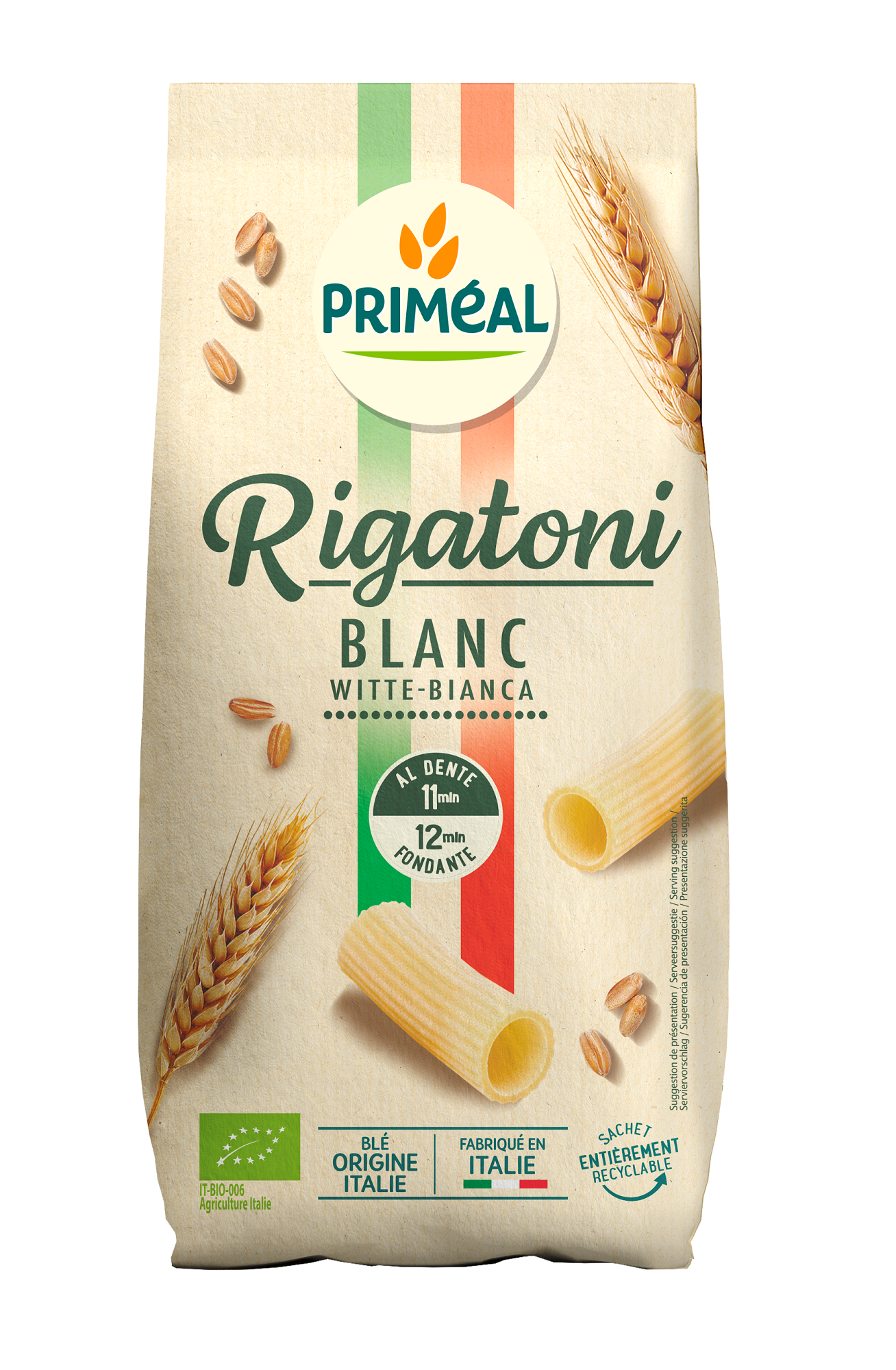 Primeal bio rigatoni rice pasta in 500g package, showcasing short, tube-shaped pasta made from organic rice.