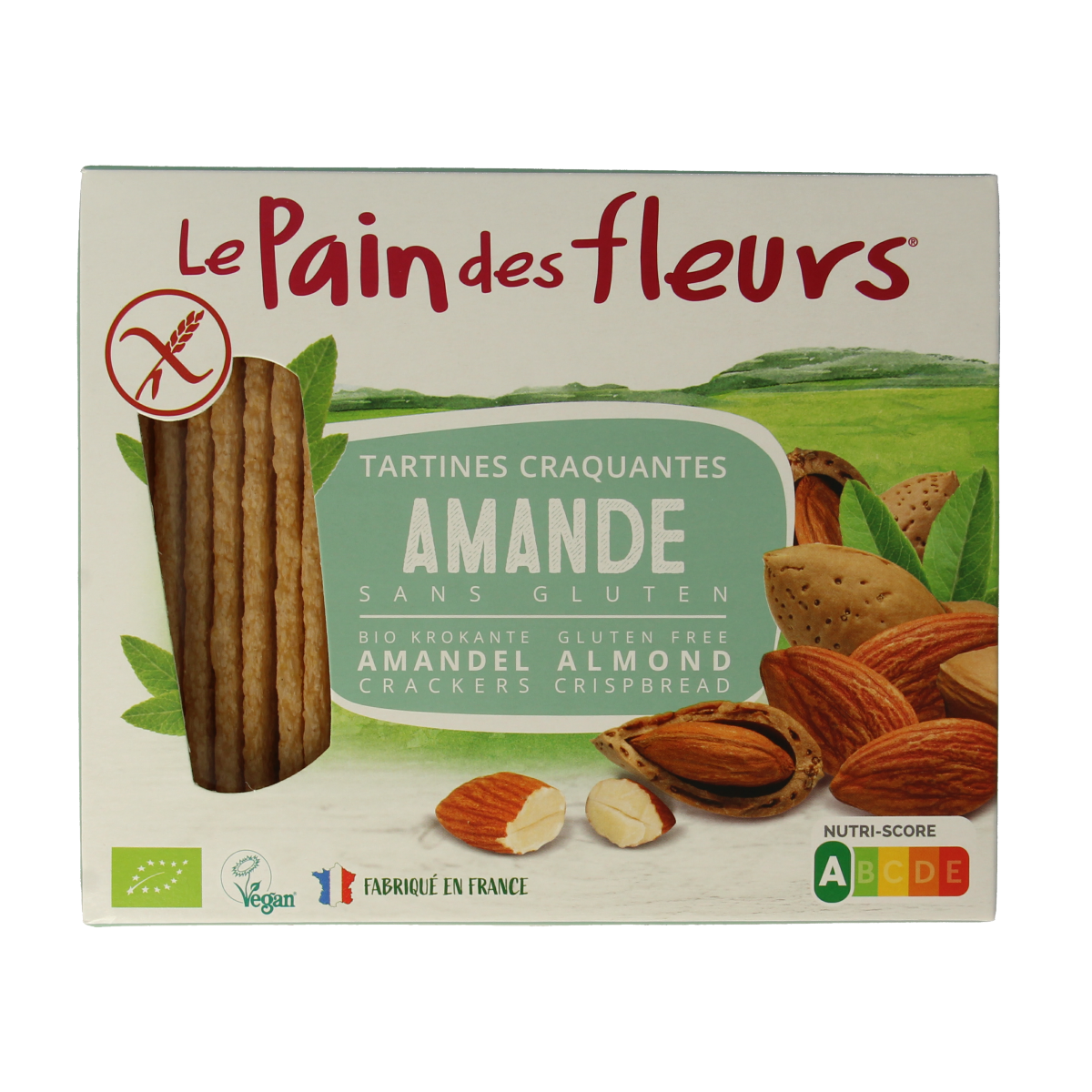Pain Des Fleurs gluten-free almond crunchy crackers in a 150g package, showcasing the crisp, golden-brown texture of the broden en crackers.