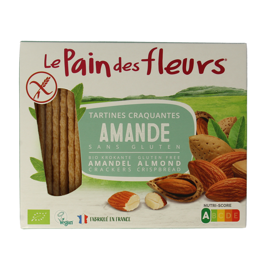Pain Des Fleurs gluten-free almond crunchy crackers in a 150g package, showcasing the crisp, golden-brown texture of the broden en crackers.