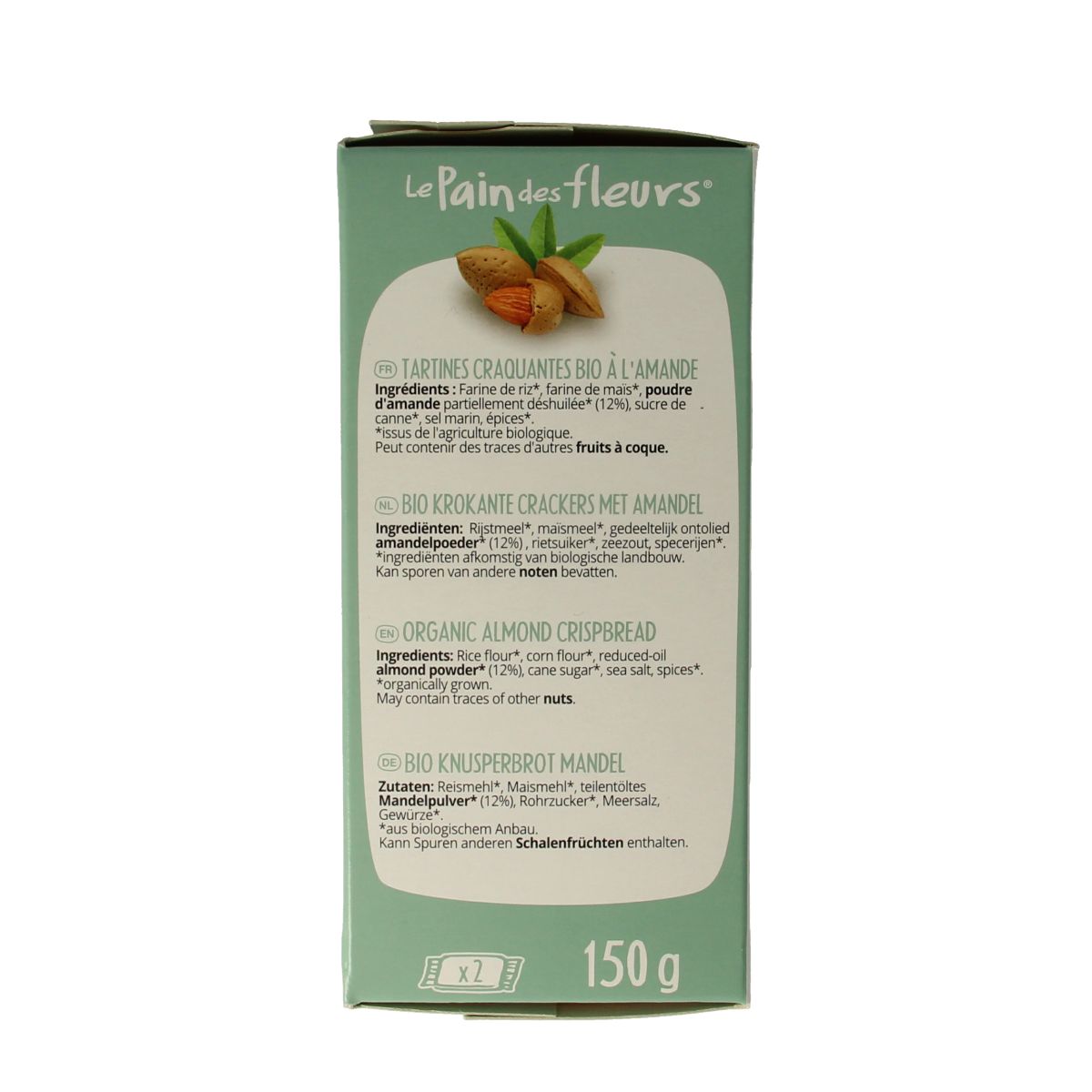 Pain Des Fleurs gluten-free almond crackers in a 150g package, crispy and made with organic ingredients.