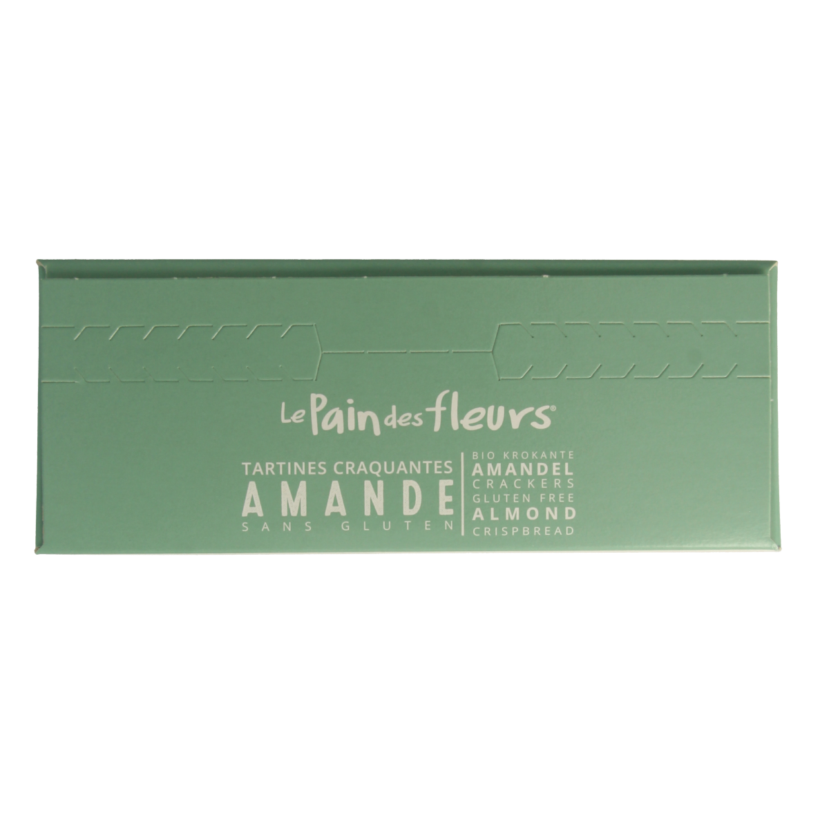 Pain Des Fleurs gluten-free almond crackers in a 150g package, crispy and made with organic ingredients, natural snack option.