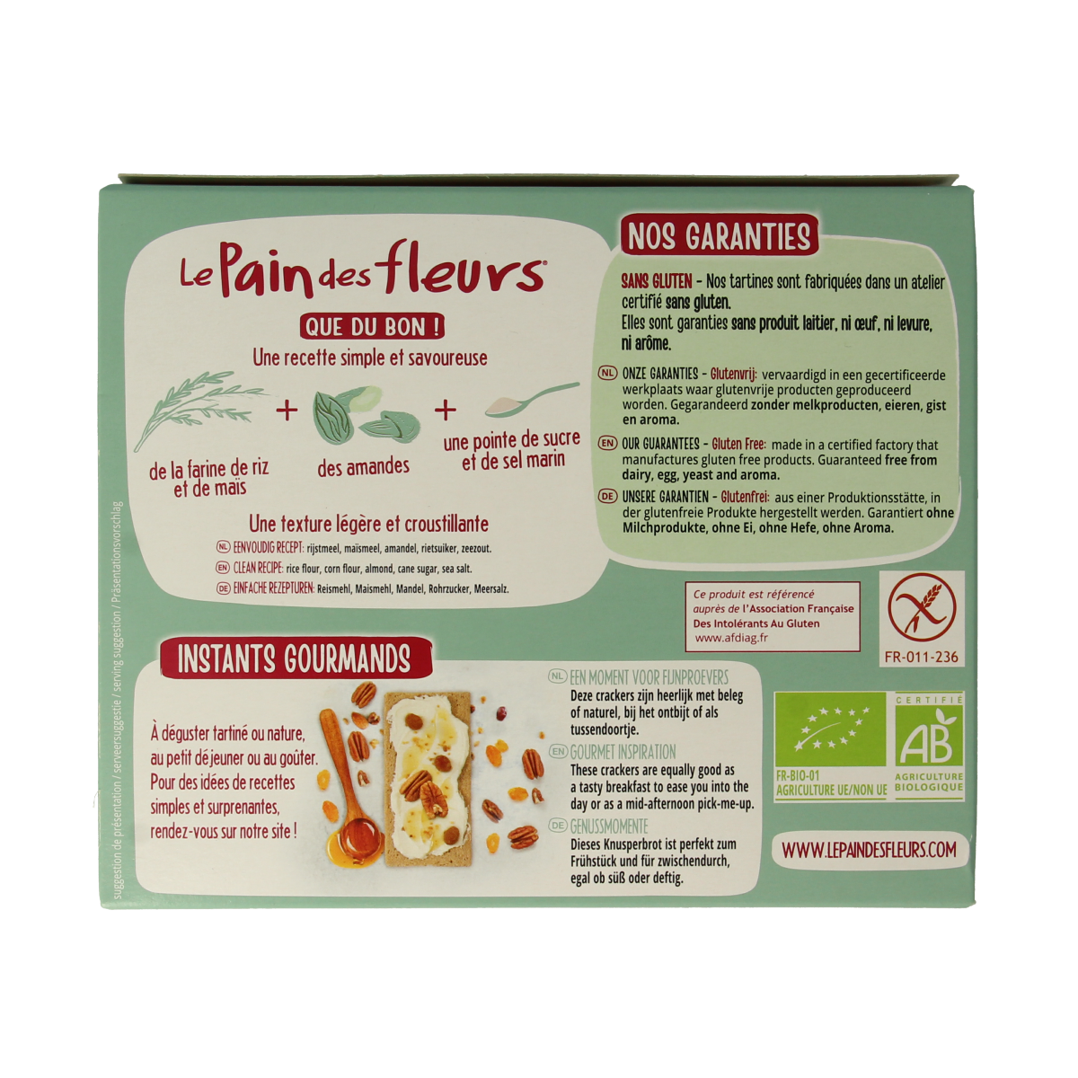 Pain Des Fleurs gluten-free almond crackers in 150g package, crispy and golden, ideal for snacking or cheese pairing.