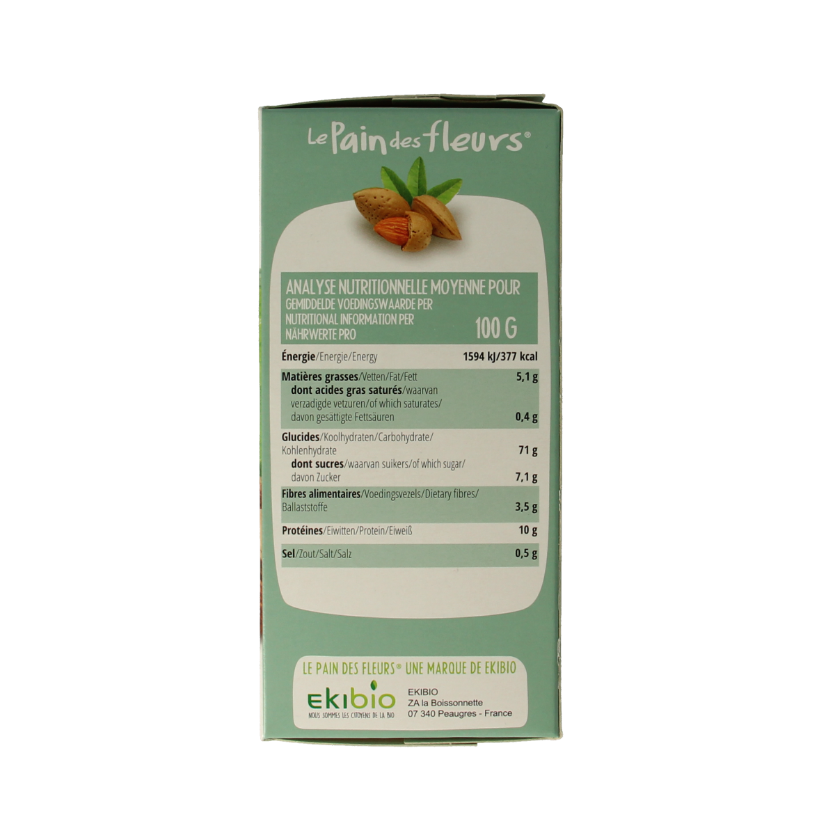 Pain Des Fleurs gluten-free almond crunchy crackers in 150g package, showing golden-brown, crispy texture and almond pieces.