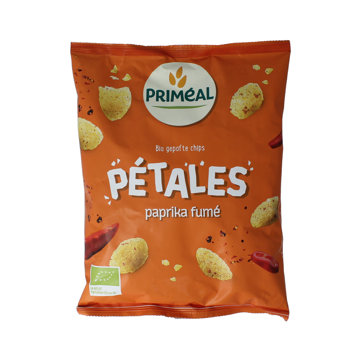 Primeal smoked paprika flavored chips in 75g package, crispy and seasoned, part of Primeal's chips en zoutjes collection.