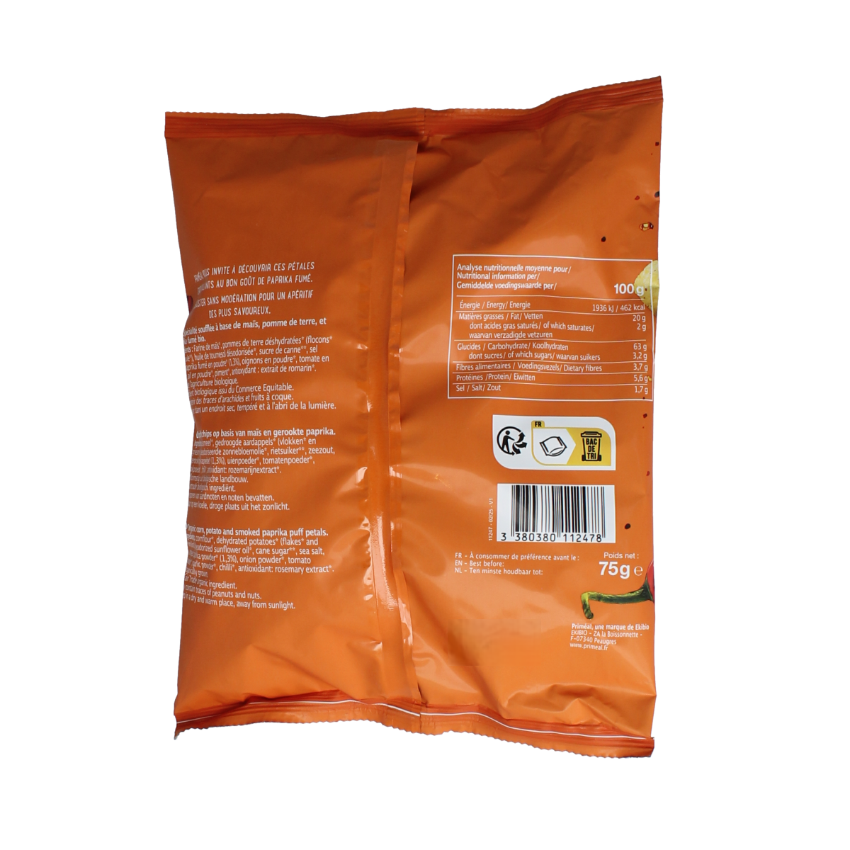 Primeal smoked paprika flavored organic chips in 75g bag, crispy snack with vibrant red paprika seasoning.