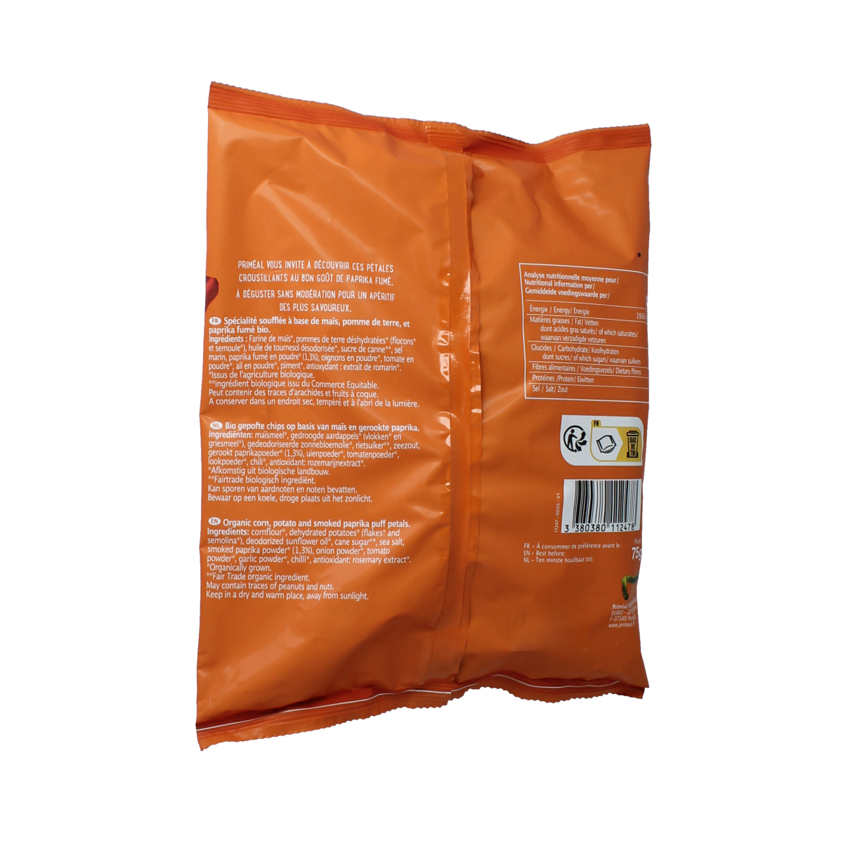 Primeal smoked paprika flavored organic chips in a 75g bag, crispy snack from Primeal Chips en Zoutjes collection.