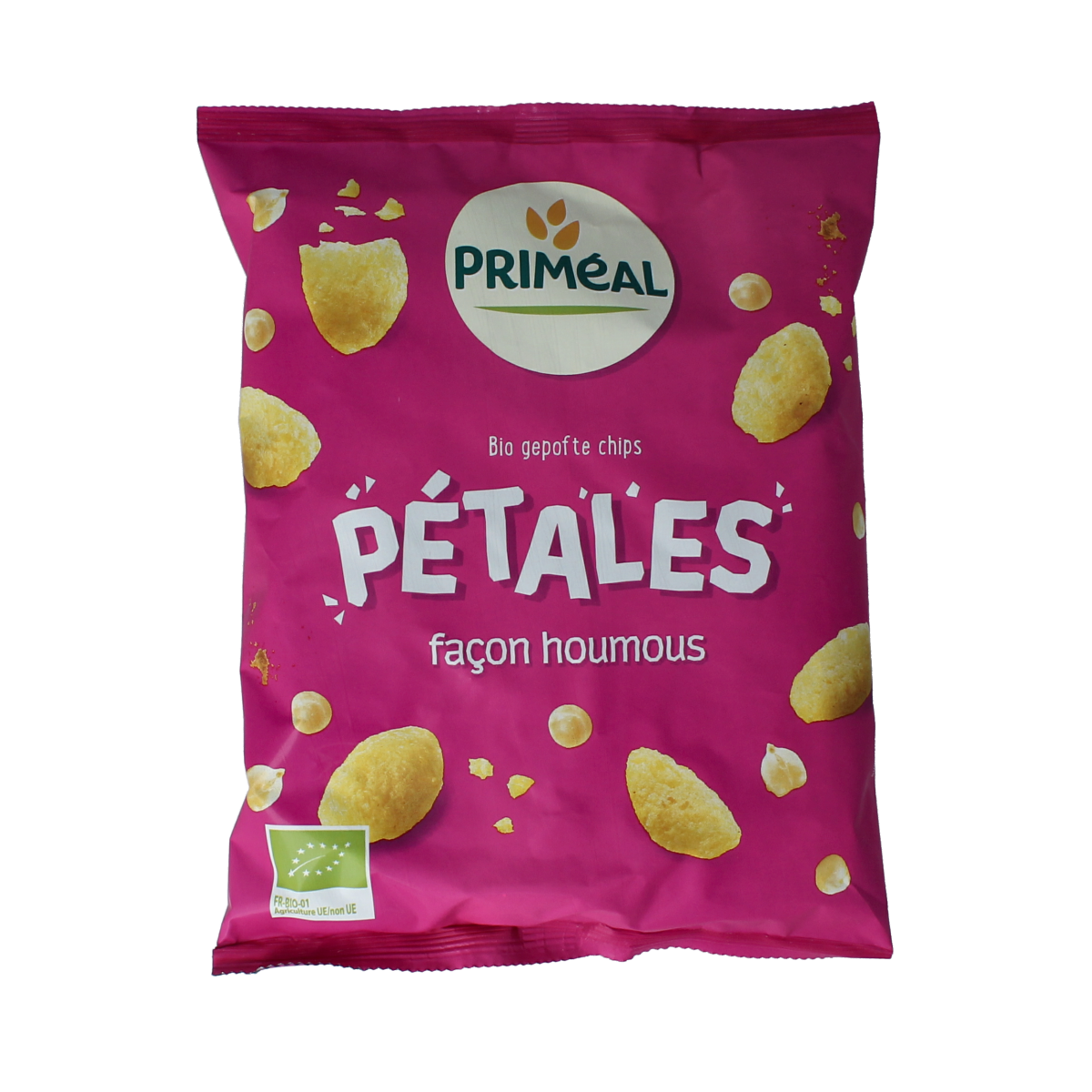 Primeal Op=Op Chips hummus bio, 75g, showing crispy chips with hummus flavor and natural ingredients in a bag.