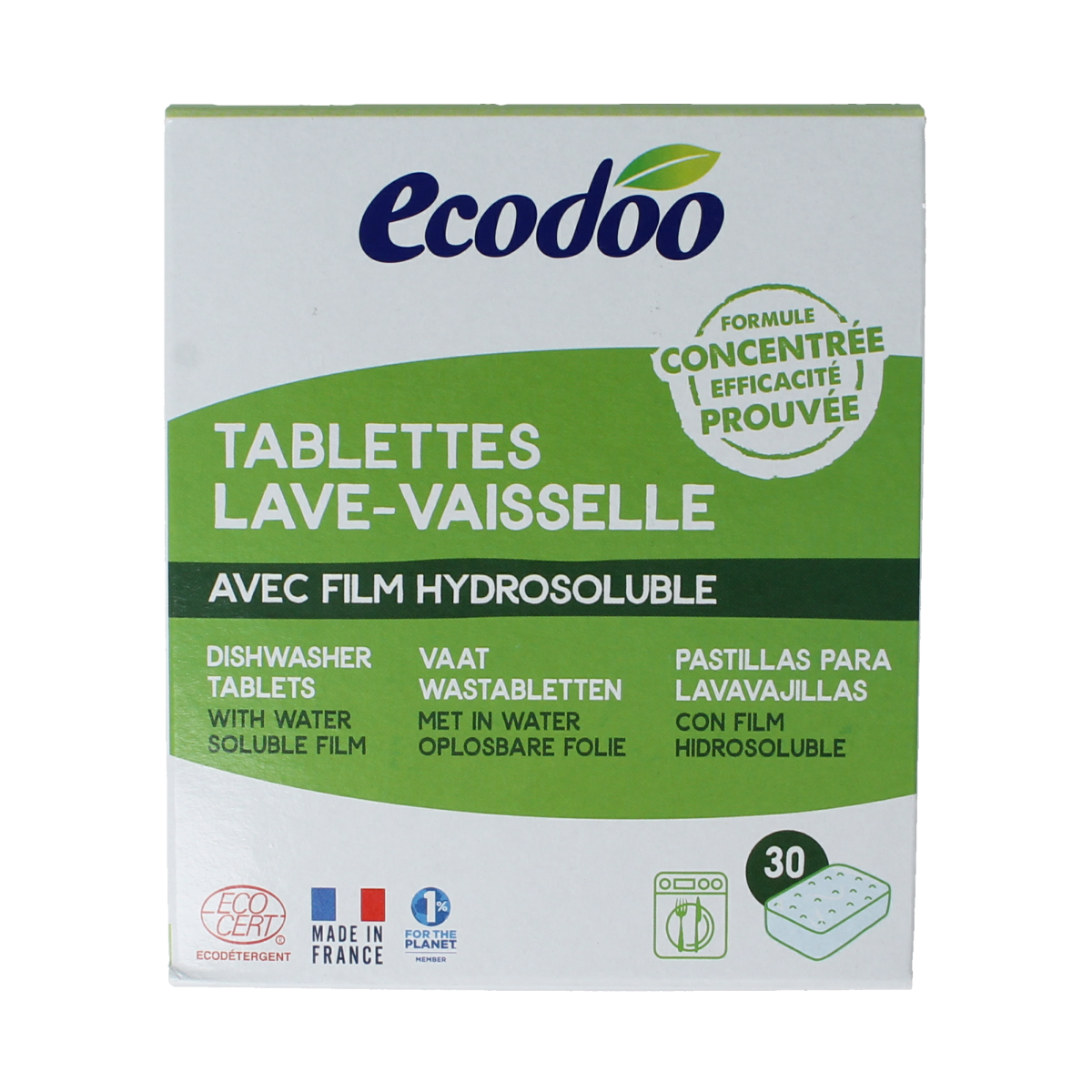 Ecodoo dishwashing tablets in a box, eco-friendly afwasmiddelen for cleaning dishes, 30-pack, natural cleaning product