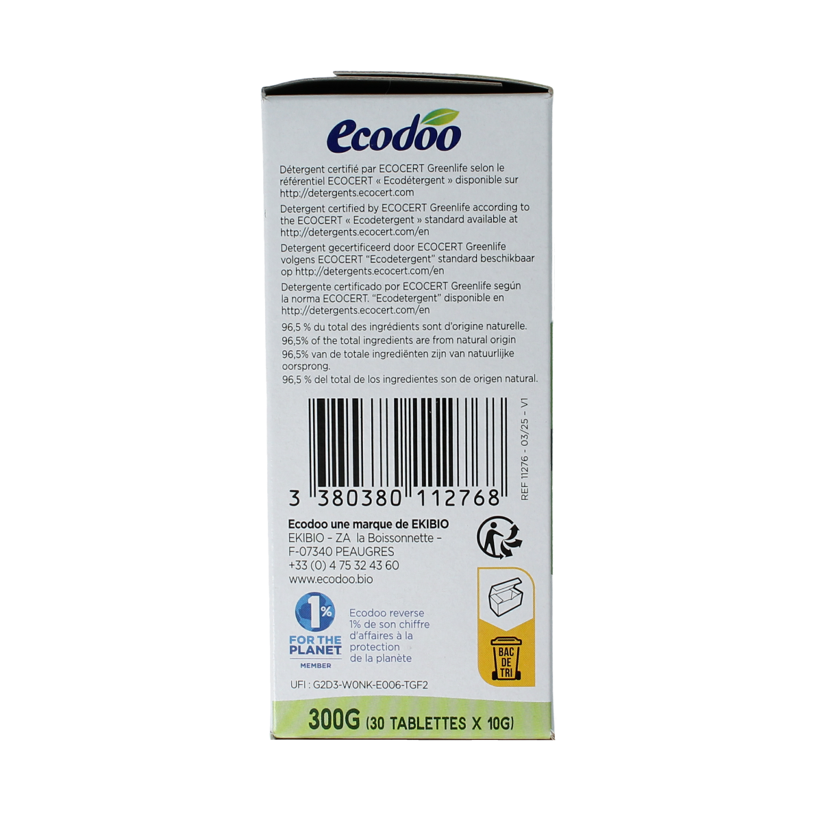 Ecodoo dishwasher tablets in a box, eco-friendly dishwashing detergent, 30-count package, natural cleaning product.