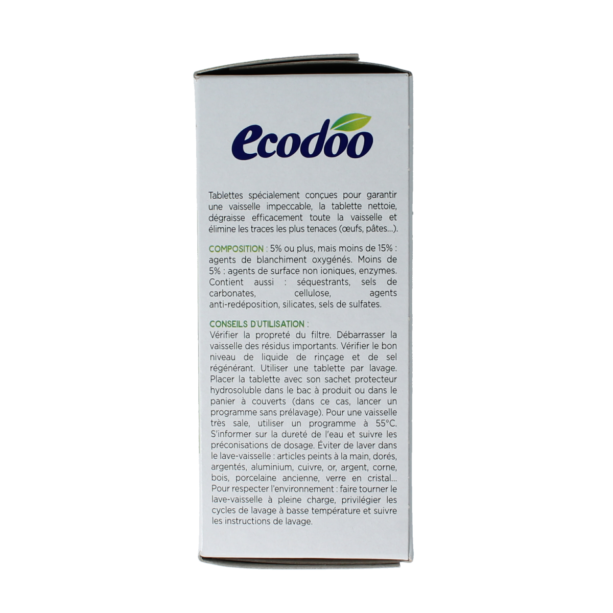 Ecodoo dishwashing tablets in a box, eco-friendly afwasmiddelen, 30-pack, with label showing natural cleaning ingredients