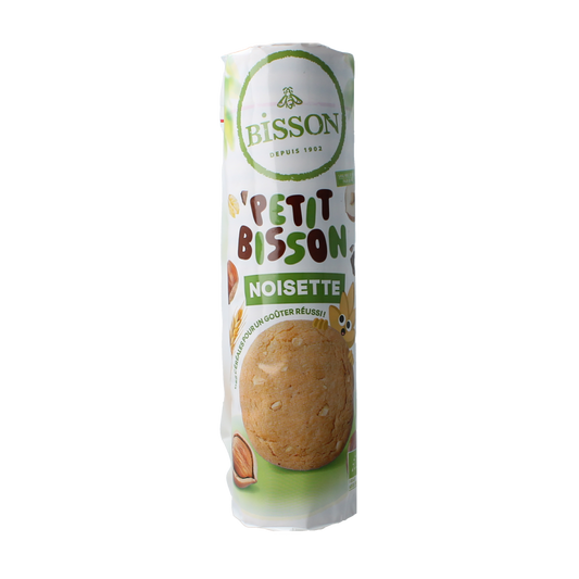 Bisson Petit bisson hazelnut organic cookies in a 250g package, featuring golden-brown koeken with hazelnut pieces.