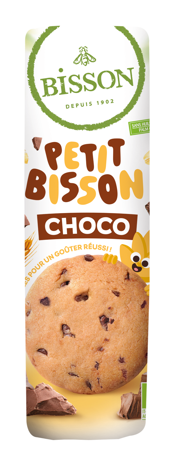 Bisson Petit Bisson bio chocolate cookies in 250g package, showing a close-up of the chocolate-coated koeken.