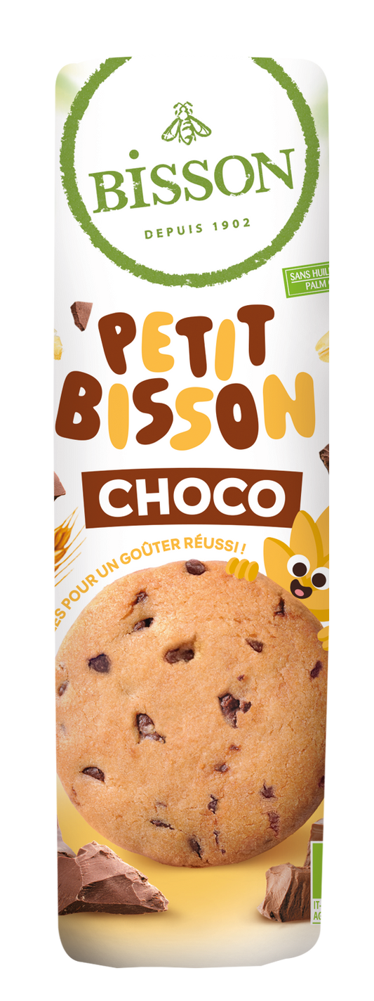 Bisson Petit Bisson bio chocolate cookies in 250g package, showing a close-up of the chocolate-coated koeken.