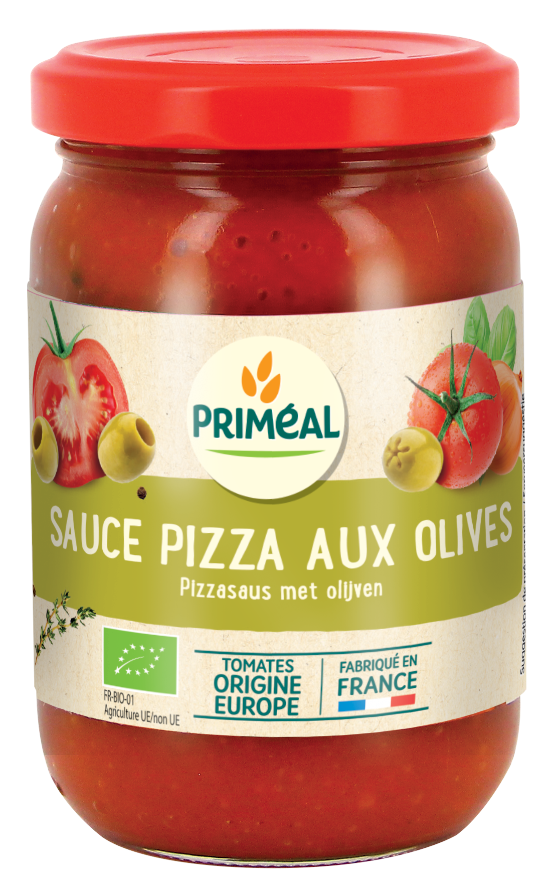 Primeal organic pizza sauce with olives in a 200g jar, ideal for flavorful homemade pizzas and culinary dishes.