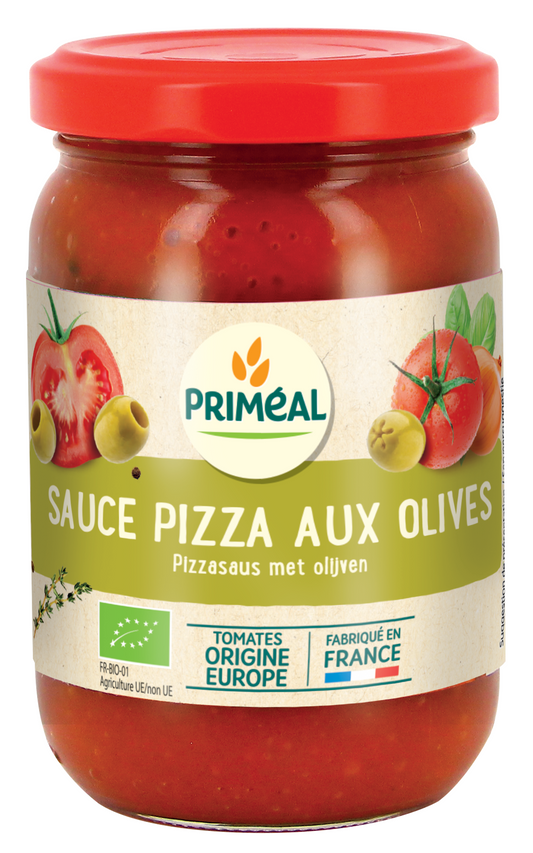 Primeal organic pizza sauce with olives in a 200g jar, ideal for flavorful homemade pizzas and culinary dishes.