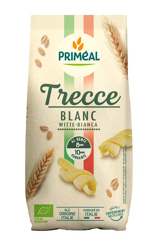 Whole package of Primeal Trecce spiral organic pasta in 500g bag, featuring the pasta's spiral shape and packaging design.