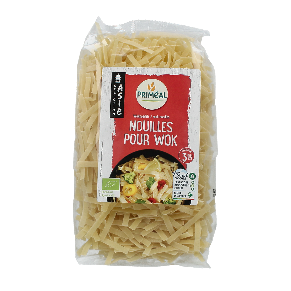 Primeal organic wok noedels, 250g, in a bowl with vegetables and sauce, showcasing the Primeal sauzen en smaakmakers product.