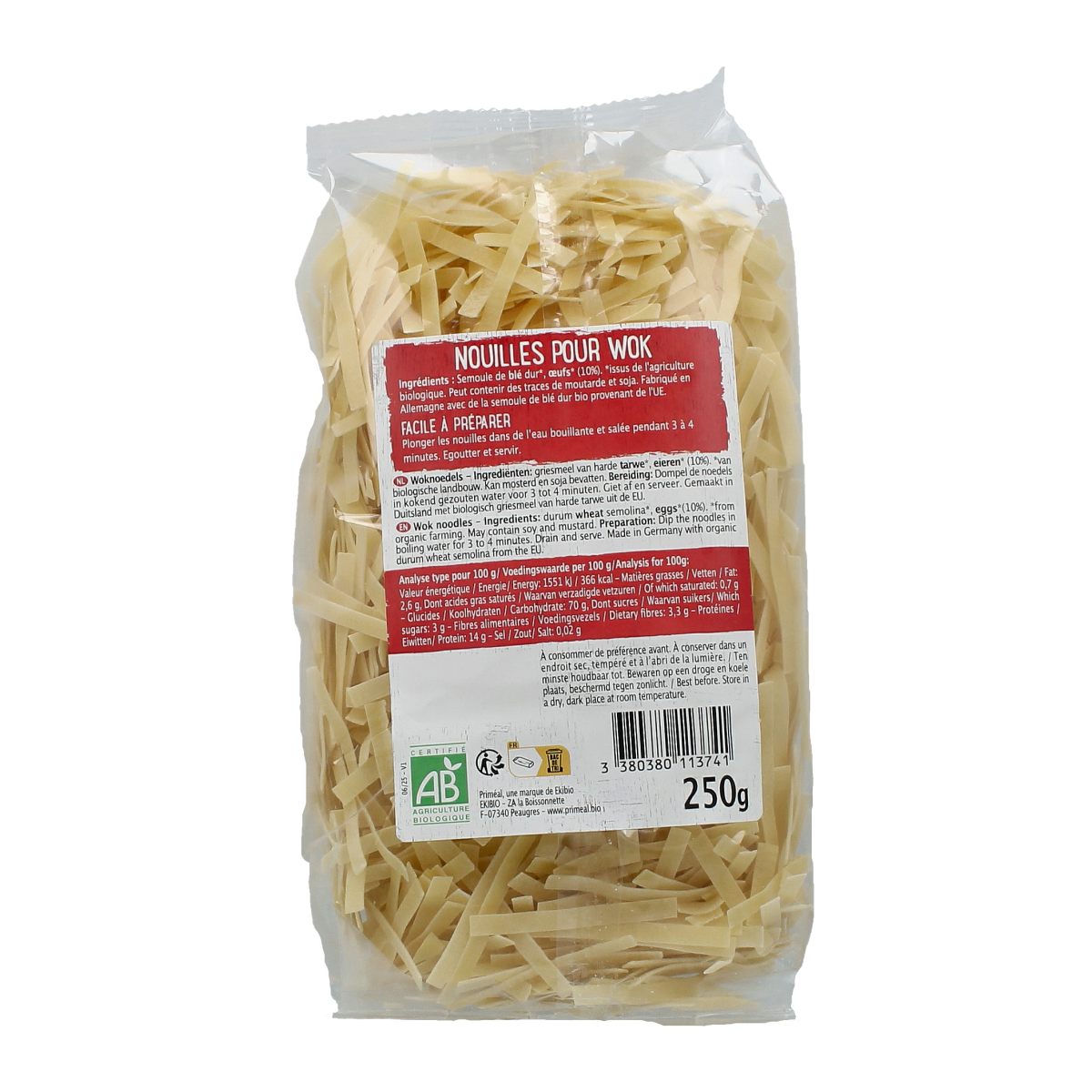 Primeal bio wok noedels in 250g package, featuring sauzen en smaakmakers for flavorful Asian-style dishes.