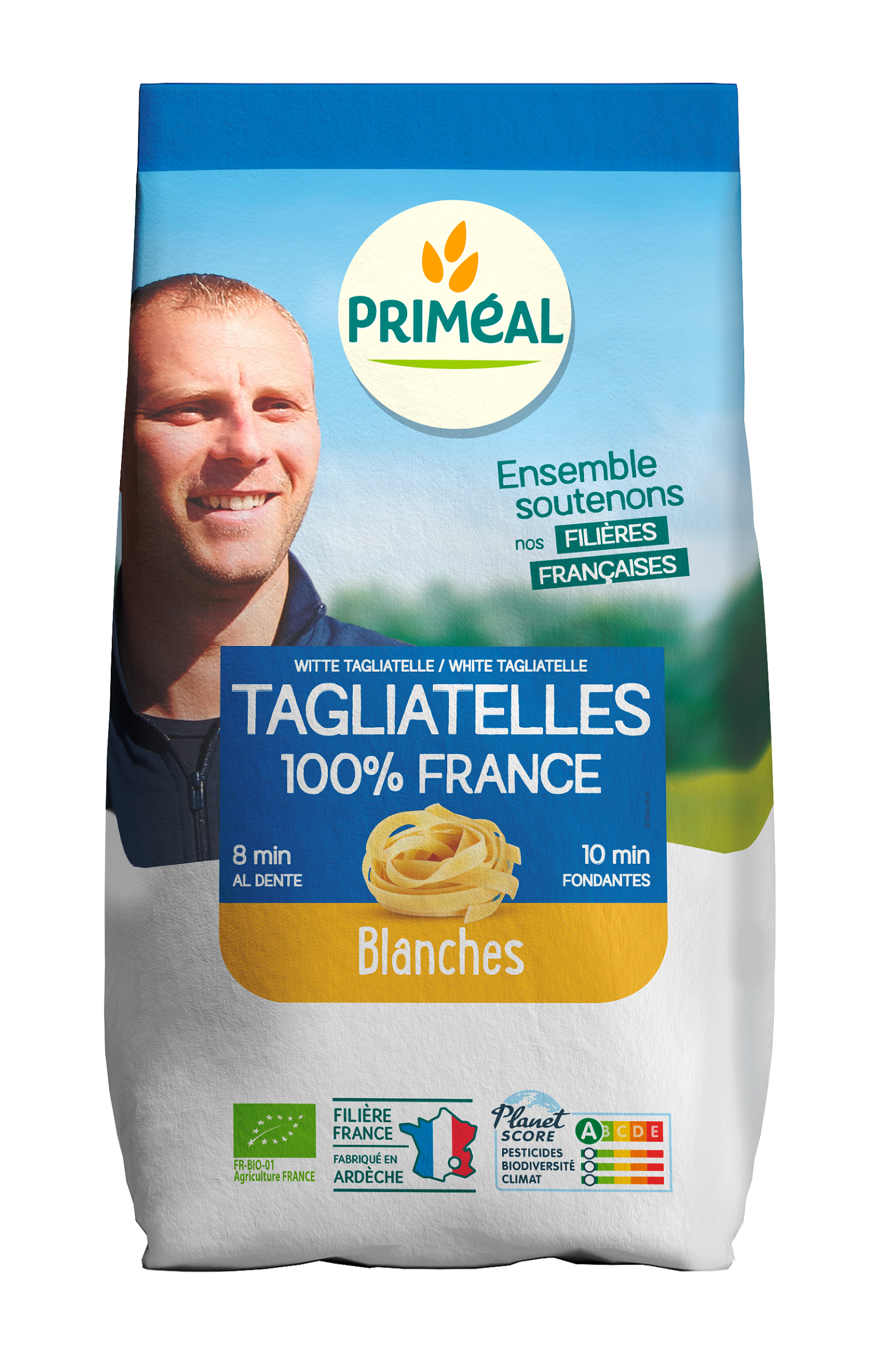 Primeal organic French tagliatelle pasta in 250g package, showcasing fresh, uncooked pasta strands for authentic Italian cuisine.