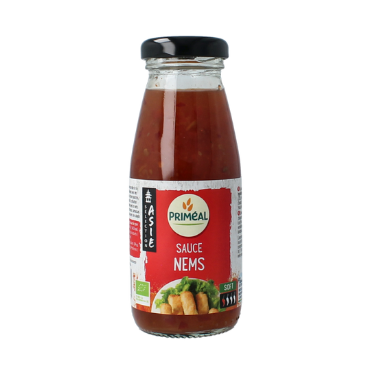 Primeal zoetzure chilisaus in 200g container, a flavorful sauce for spring rolls and Asian dishes, made with organic ingredients.