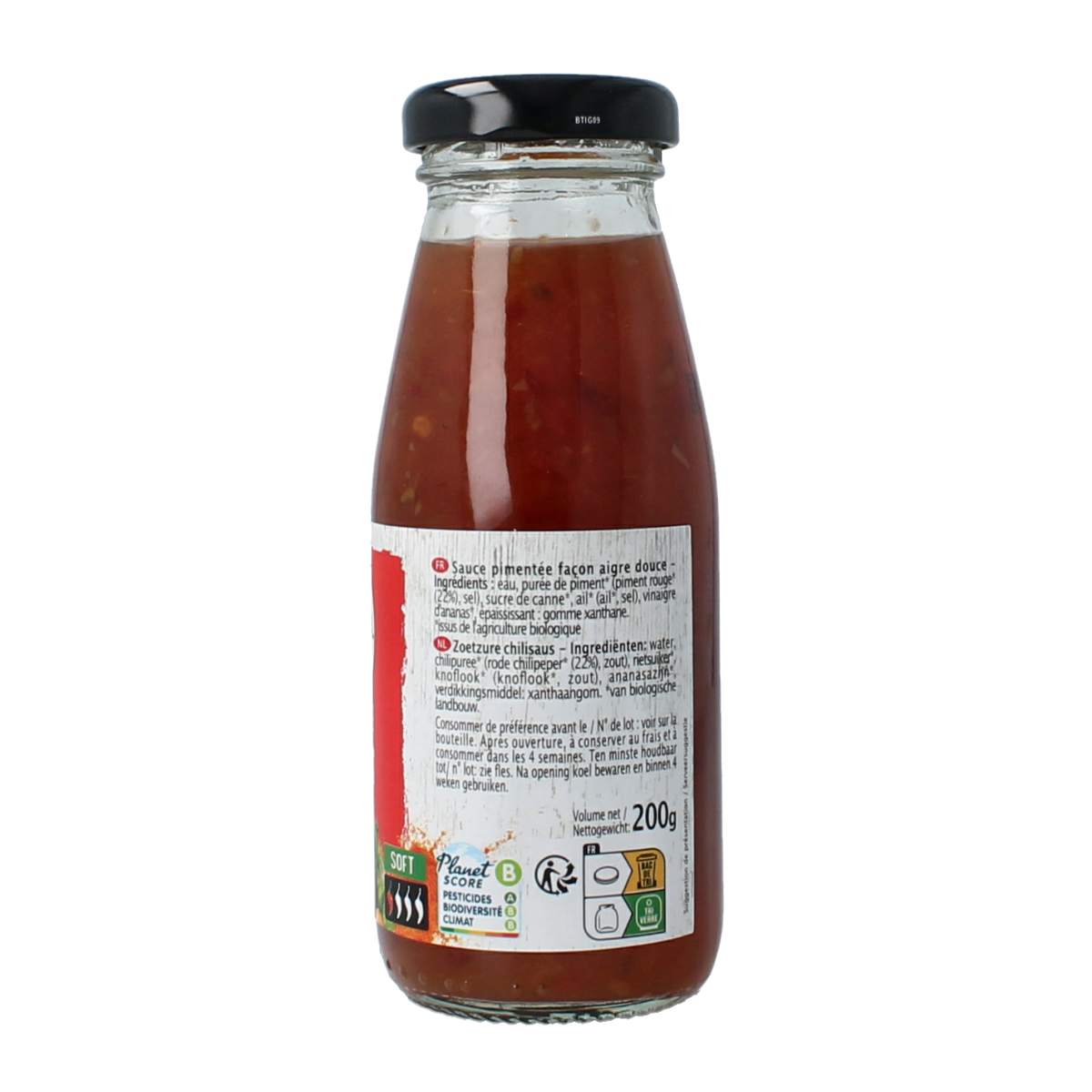 Primeal loempia zoetzure chilisaus in 200g bottle, a flavorful organic sauce for Asian dishes and dipping.