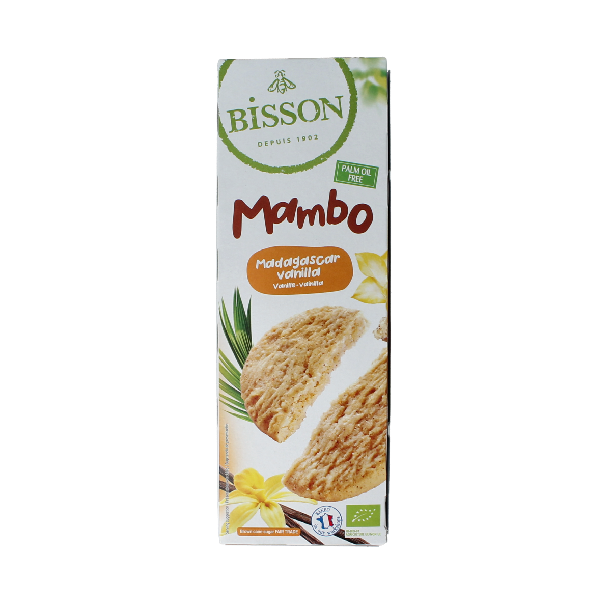 Bisson Mambo bio koekjes Madagaskarvanille in 175g package, showing golden baked vanilla-flavored cookies