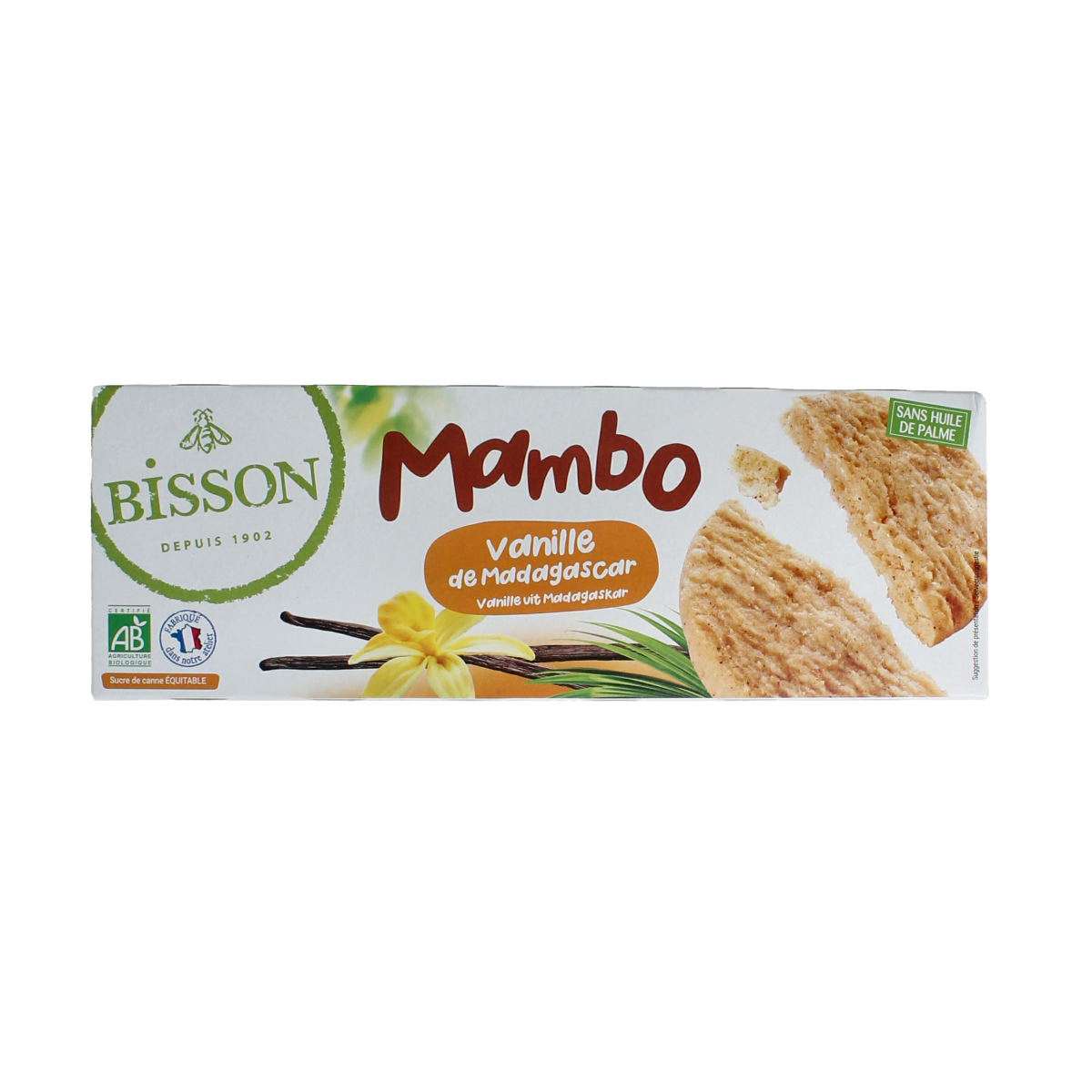 Bisson Mambo koekjes with Madagascar vanilla flavor, 175g, showing golden-brown cookies with vanilla beans on packaging