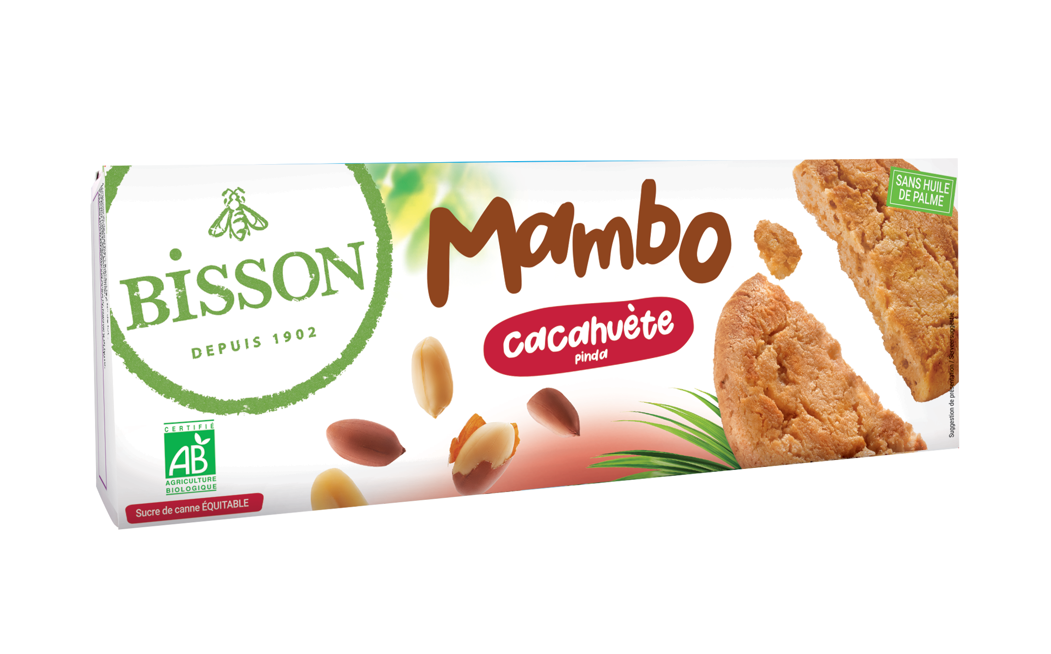 Bisson Mambo bio pinda koekjes in 125g package, showing golden peanut-flavored cookies on a white background.