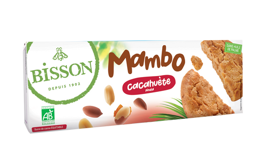 Bisson Mambo bio pinda koekjes in 125g package, showing golden peanut-flavored cookies on a white background.