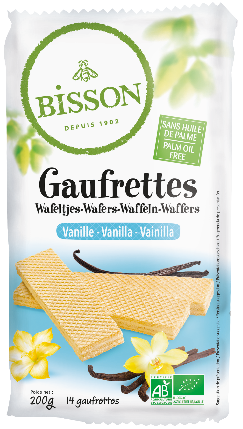 Bisson Vanille bio wafels, 200g, natural vanilla-flavored biscuits with a crispy texture, in a package.
