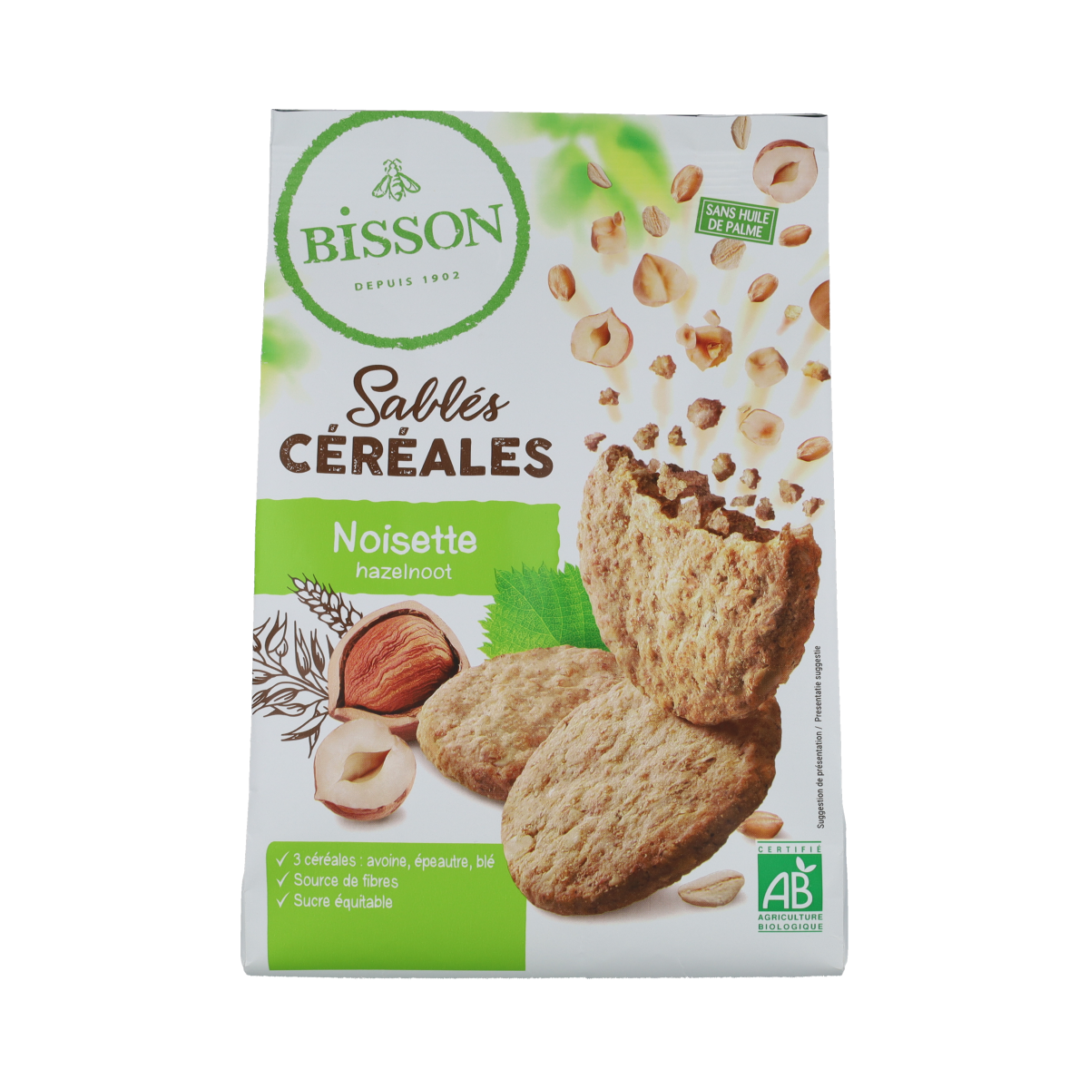 Bisson Zandkoekjes hazelnoot en granen, biologische koeken met hazelnoten en granen, 200 gram verpakking