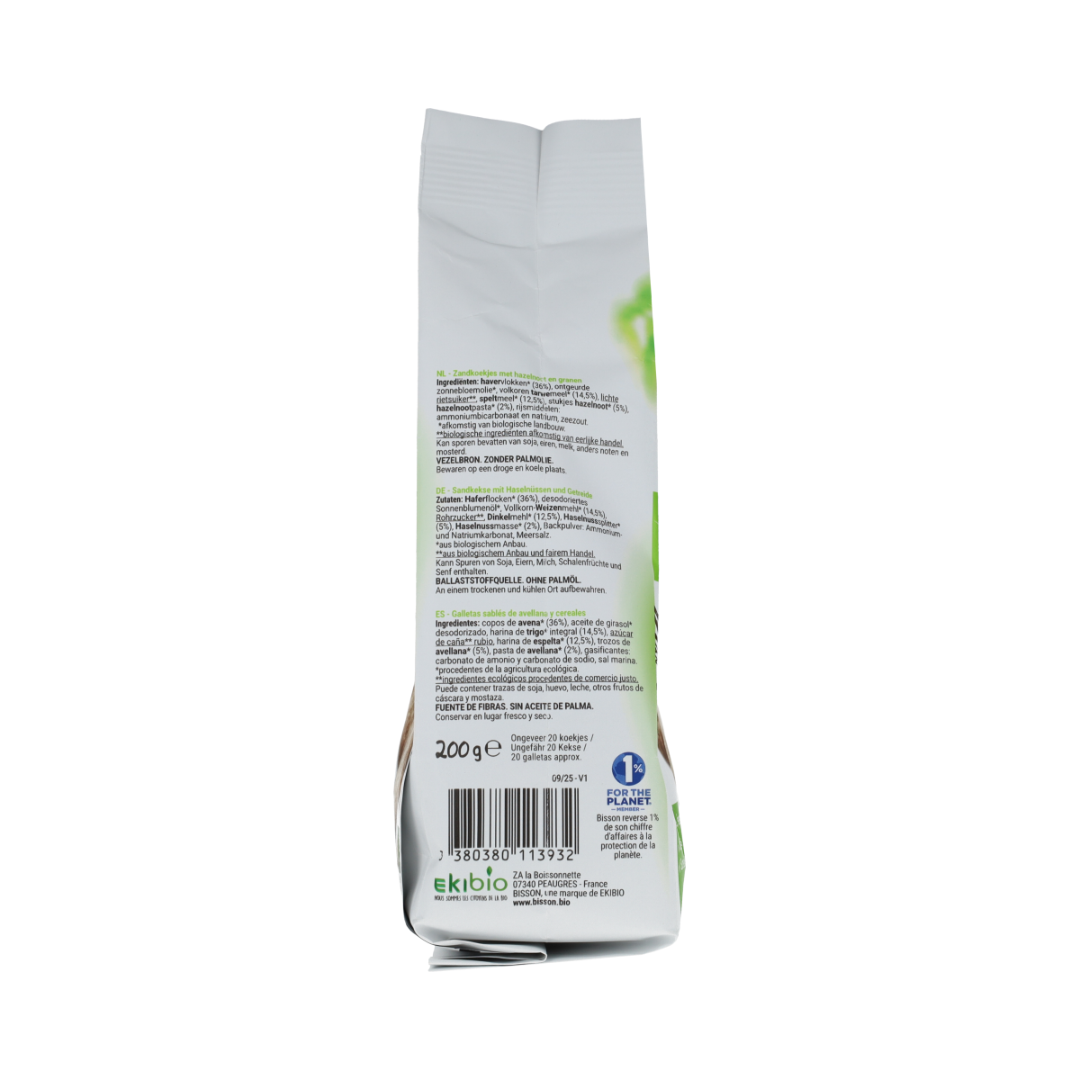 Bisson hazelnut and grain organic zandkoekjes (cookies) in 200g package, featuring crunchy texture and natural ingredients.