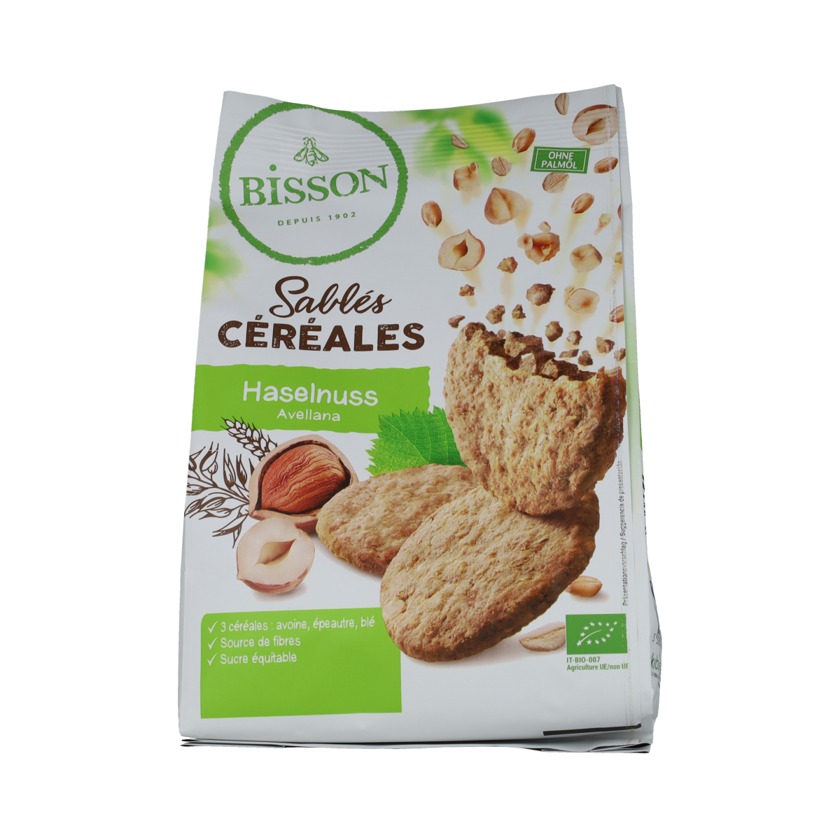 Bisson Zandkoekjes hazelnoot en granen bio, 200g, close-up of crunchy, golden hazelnut and grain cookies arranged on a plate.