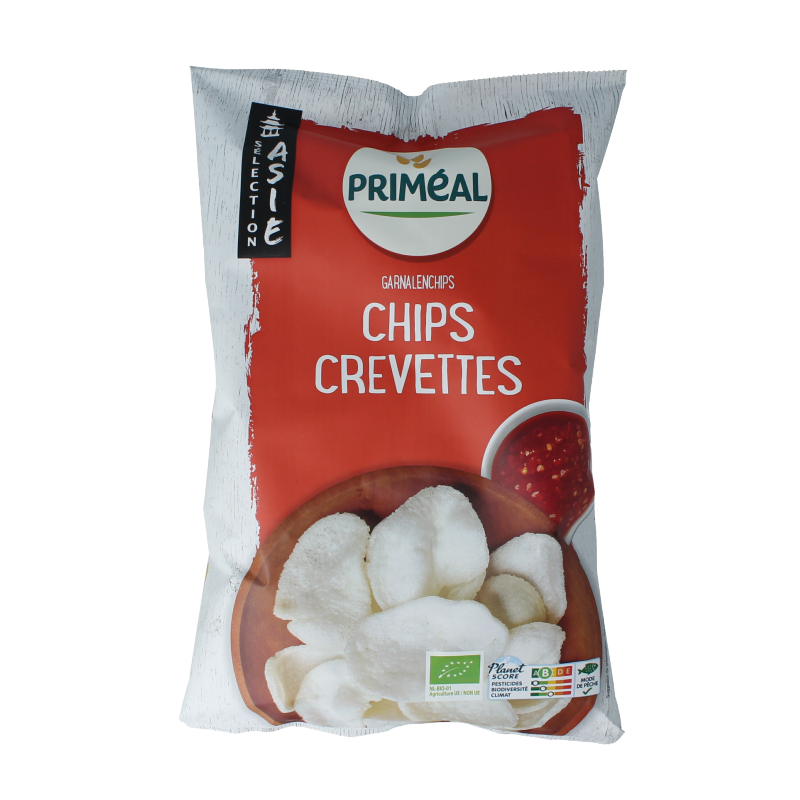 Primeal organic kroepoek snack in 50g package, crispy Indonesian shrimp crackers with natural ingredients.