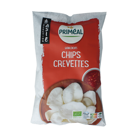 Primeal organic kroepoek snack in 50g package, crispy Indonesian shrimp crackers with natural ingredients.