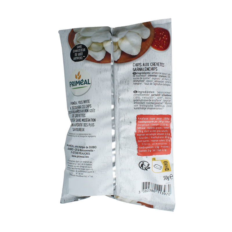Primeal Kroepoek bio, 50g, organic shrimp crackers in a clear package, ideal for snacks and quick bites.