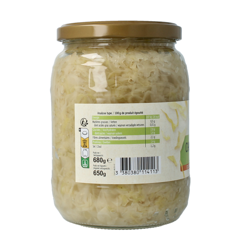 Primeal bio zuurkool in 680g container, made from fermented organic cabbage, suitable as a healthy vegetable side.