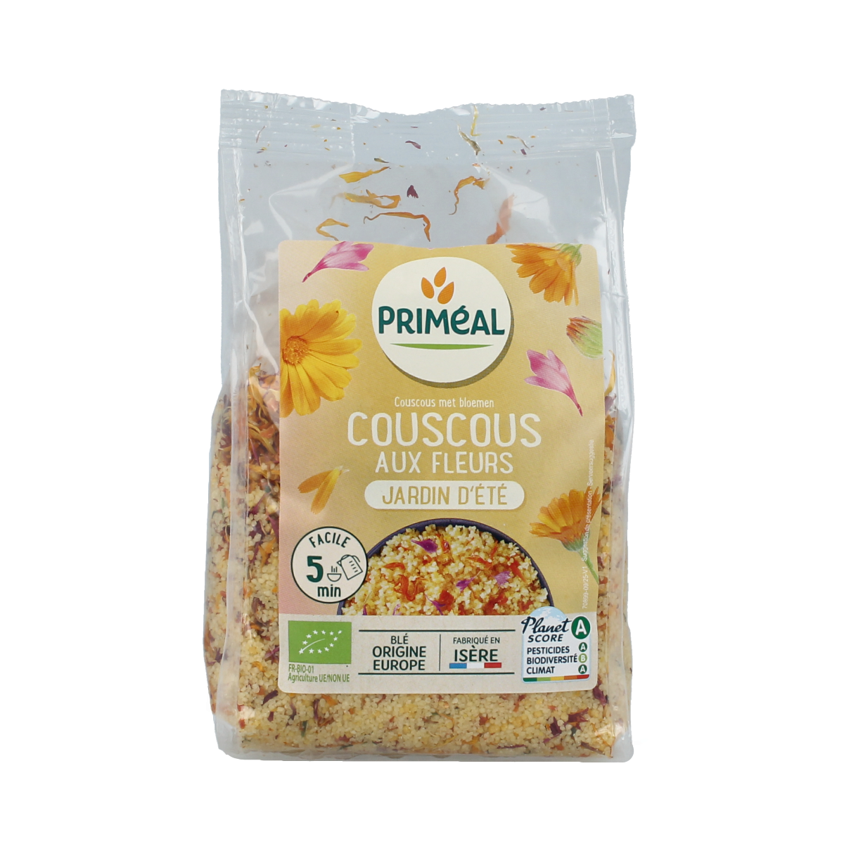 Primeal organic couscous with summer flowers, 300g, featuring a close-up of the colorful pasta with floral ingredients.