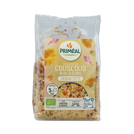Primeal organic couscous with summer flowers, 300g, featuring a close-up of the colorful pasta with floral ingredients.