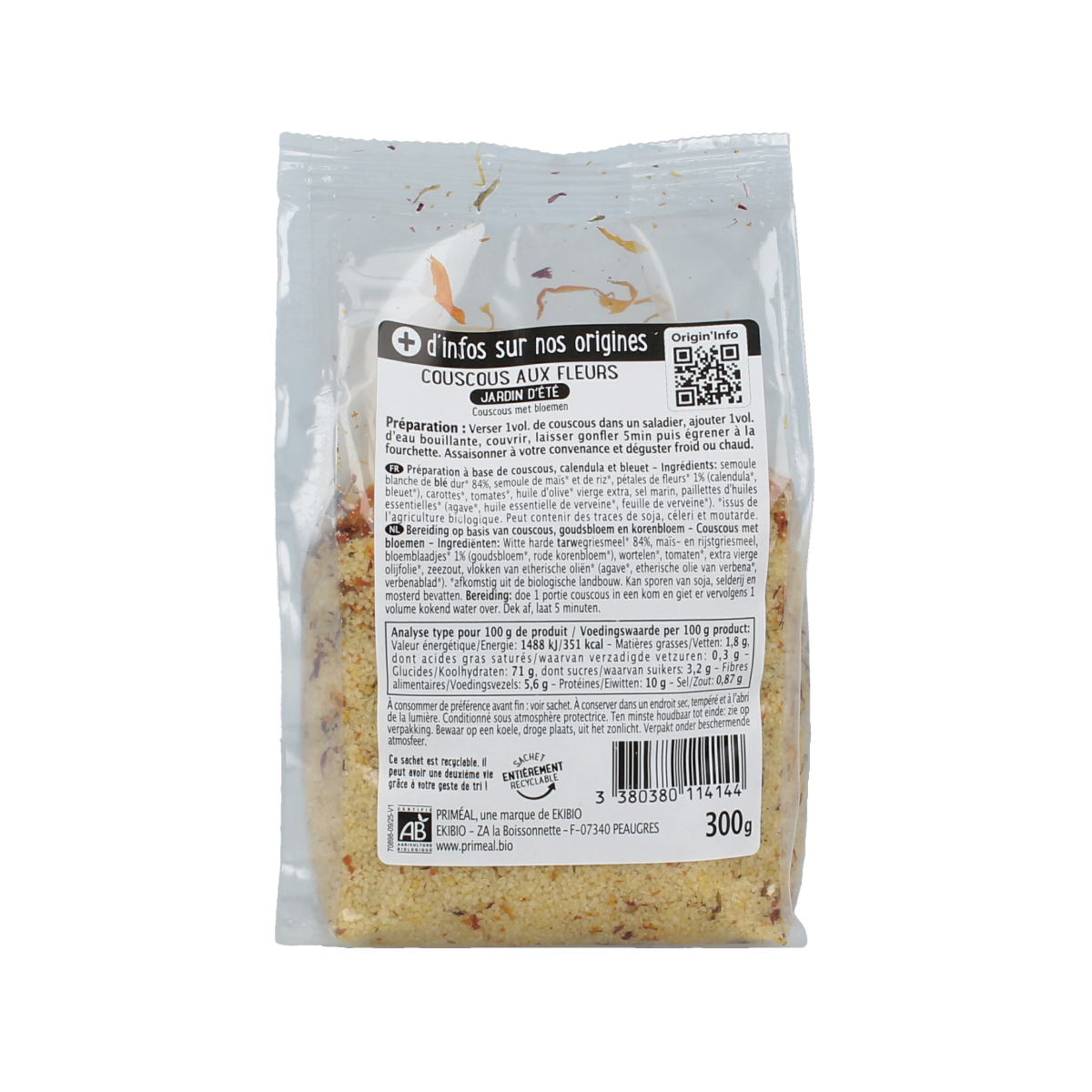 Primeal organic couscous with summer flowers in a 300g package, ideal for healthy pasta and rice dishes.