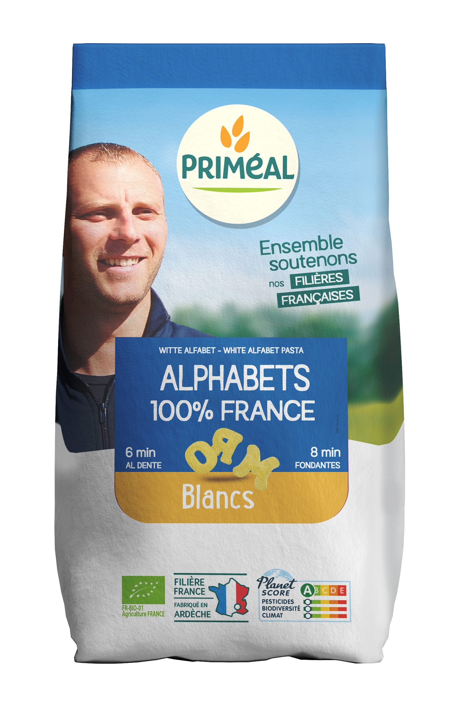 Primeal bio alphabet pasta from France in a 500g package, showcasing colorful alphabet-shaped pasta for cooking and meals.