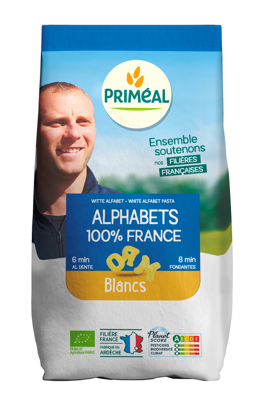 Primeal bio alphabet pasta from France in a 500g package, showcasing colorful alphabet-shaped pasta for cooking and meals.