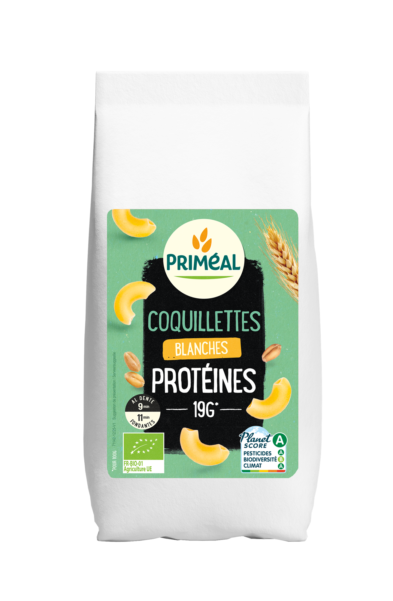 Primeal Witte macaroni elleboogjes bioproduct pasta made from organic ingredients, 400 grams, showing cooked pasta on a plate.