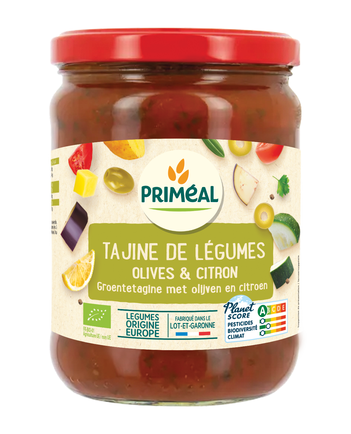 Primeal ready meal with vegetables, olives, and lemon in a 500g container, showcasing fresh ingredients and vibrant colors.