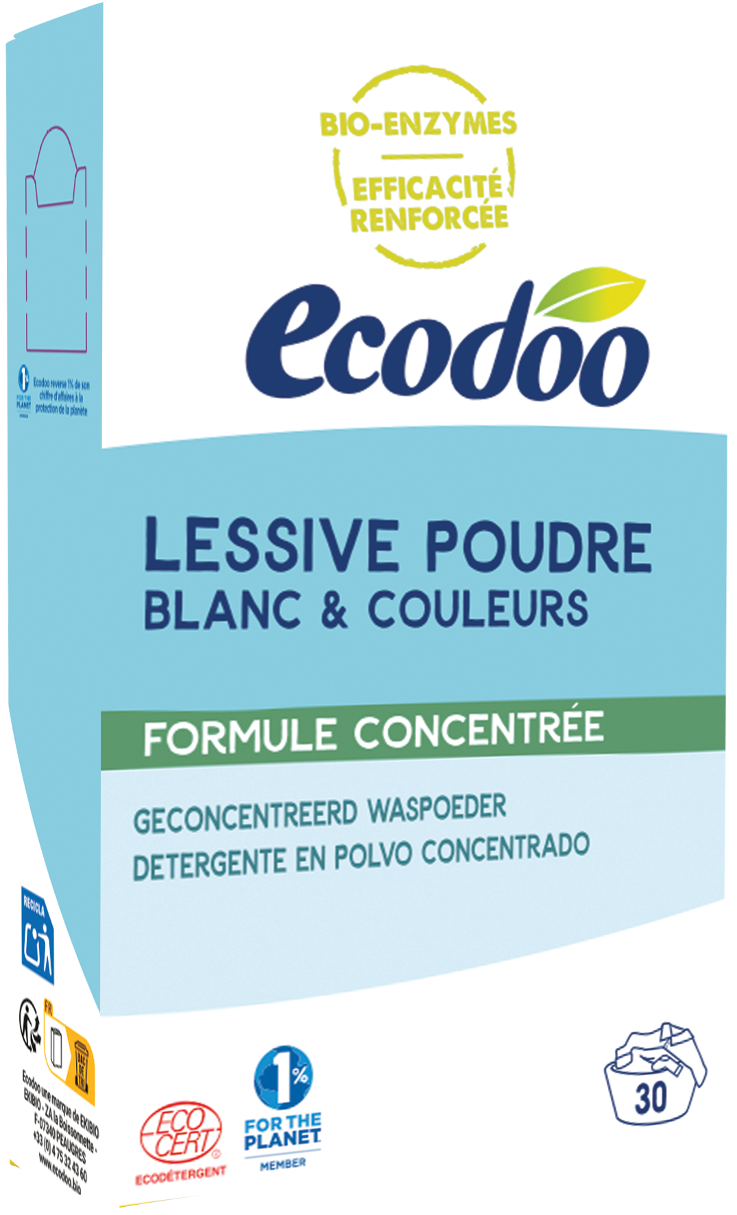 Ecodoo eco concentrated laundry powder in a 750g package, eco-friendly wasmiddelen with natural cleaning ingredients.