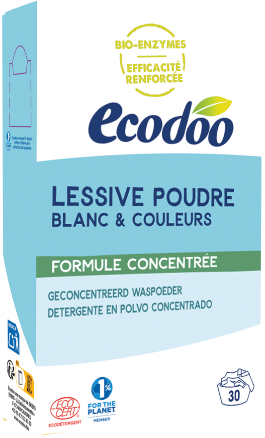 Ecodoo eco concentrated laundry powder in a 750g package, eco-friendly wasmiddelen with natural cleaning ingredients.